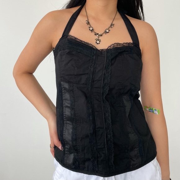 Candy Couture Black Halter Neck Lace Corset Tank Top - Small - Picture 2 of 4